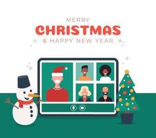 online kerstviering illustratie op tablet. vrolijk kerstfeest nieuw normaal concept met conferentie. een groep mensen in winterpakken ontmoeten elkaar online via videoconferentie. vector