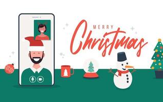 online kerstviering illustratie op telefoon. vrolijk kerstfeest nieuw normaal concept met conferentie. een groep mensen in winterpakken ontmoeten elkaar online via videoconferentie. vector