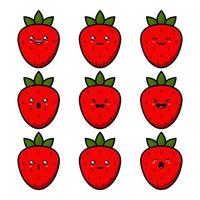 schattige cartoon collectie van aardbei fruit met verschillende gezichtsuitdrukkingen op witte achtergrond vector