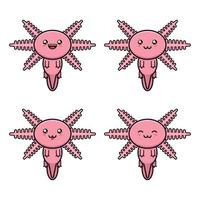 verzameling van schattige cartoon axolotl-dieren met verschillende gezichtsuitdrukkingen op een witte achtergrond vector