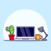 laptop met plant en lamp cartoon vector pictogram illustratie
