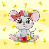 schattige kleine muis zittend met bloemen vector