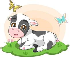 schattige kleine koe zittend in het gras vector