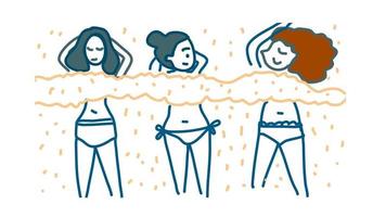 schattige 3 topless meisjes op het strand met de hand getekende cartoon vector