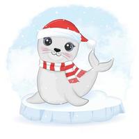 schattige zeehond op ijsschots, kerstmis en nieuwjaarsillustratie vector