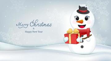 schattige sneeuwpop en geschenkdoos in de winter, illustratie van het kerstseizoen vector