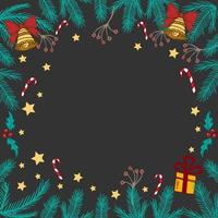 donkere kerstachtergrond, kerstboom met versieringen, speelgoed en geschenken, witte achtergrond onder de tekst - vector