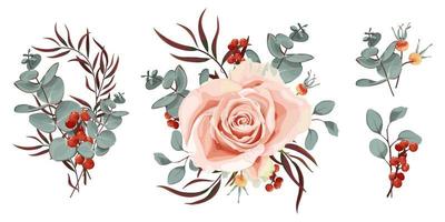 set van vector bloemen boeketten. poederachtige roos, eucalyptus, tak van rode bessen en rozenbottels. bruiloft floristiek in de stijl van boho. herfst boeket. vector voorraad illustratie op witte achtergrond.
