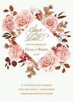Boheemse huwelijksuitnodiging. frame voor bruiloftsontwerp met een bloemstuk met roze rozen, bessen en eucalyptusbladeren. boho-stijl. voorraad vectorillustratie. vector