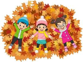 cartoon gelukkige kinderen liggend op kleurrijke herfstbladeren vector
