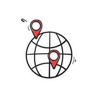 hand getrokken wereldbol en kaart pin pictogram symbool voor gps locatie illustratie vector geïsoleerd