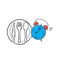 hand getrokken doodle lepel en vork met klok symbool voor maaltijd illustratie icon vector