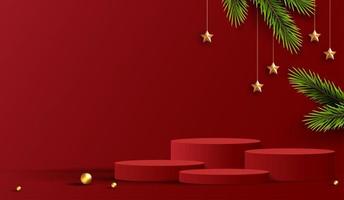 vrolijk kerstfeest is de vorm van het geometriepodium voor de weergave van cosmetische producten. podium sokkel of platform. winter kerst rode achtergrond met boom xmas voor promotie product. vector ontwerp