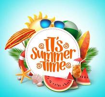 zomertijd vectorbannerontwerp met witte cirkel voor tekst en kleurrijke strandelementen op witte achtergrond. vector
