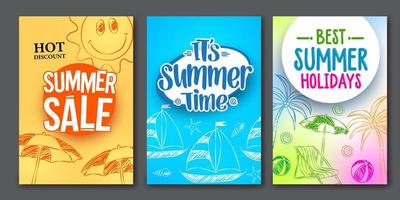 zomer verkoop en zomertijd vector web poster ontwerpen set met kleurrijke achtergronden en tekenelementen.
