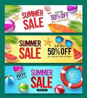 zomer verkoop vector banner set met korting tekst en zomer elementen in kleurrijke achtergronden voor web shopping promoties.