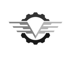 mechanische versnelling met gespreide vleugels en v letter initial vector