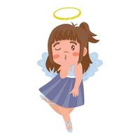 klein schattig engelenmeisje in blauwe jurk die een kus blaast in cartoonstijl vector