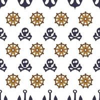 naadloos patroon met cartoon piratenschedel, botten, anker en stuur vector