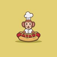 schattige baby aap chef-kok op hotdog. karakter, mascotte, logo, tekenfilm, icoon en schattig ontwerp. vector