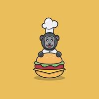 schattige baby gorilla chef-kok op hamburger. karakter, mascotte, icoon, logo, cartoon en schattig design. vector