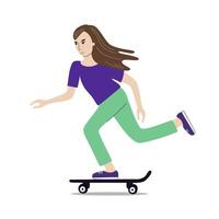 meisje rijden skateboard vectorillustratie. jonge vrouw op een longboard. vrouwelijke skateboarder tekening. vector