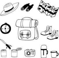 kamp ingesteld pictogram. hand getrokken doodle. , scandinavisch, noords, minimalisme, monochroom wandelkaart verrekijker ingeblikt voedsel rugzak vector