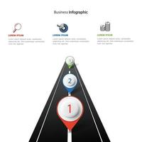 vector weg infographic met pin-aanwijzer. tijdlijnsjabloon met 3 markeringen op een gebogen weglijn.