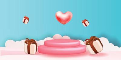 3d achtergrond van het podium rode product voor valentijnskaart. Roze en hart liefde romantiek conceptontwerp vector illustation decoratie banner