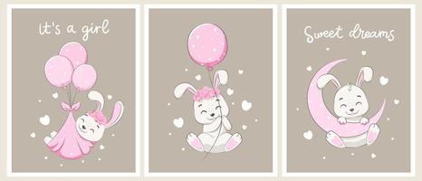 een set schattige konijnen voor een meisje. zoete dromen, de maan, bloemen en luchtballonvluchten. vectorillustratie van een cartoon. vector