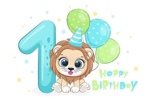 cartoon afbeelding - gelukkige verjaardag, 1 jaar, schattige leeuw. vectorillustratie. vector
