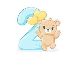 cartoon afbeelding - gelukkige verjaardag, 2 jaar, schattige baby beer. vectorillustratie. vector
