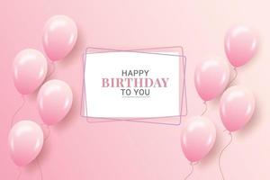 verjaardagswens met realistische roze paarse ballonnen set en roze achtergrond en tekst vector