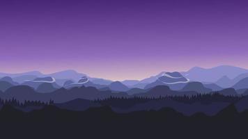 zonsondergang in de bergen, natuur landschap achtergrond, schemering hemel in paars. avond weergave platte vectorillustratie vector