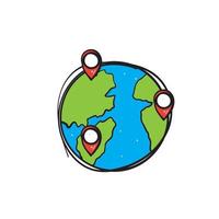 hand getrokken wereldbol en kaart pin pictogram symbool voor gps locatie illustratie vector geïsoleerd