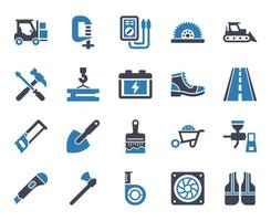 bouw tools icon set - vectorillustratie. bouw, gereedschap, gereedschap, uitrusting, werk, heftruck, logistiek, magazijn, bulldozer, graven, graafmachine, pictogrammen. vector