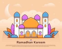 leuke kleurrijke grote moskeeillustratie voor ramadan mubarak kareem begroetingsachtergrond vector