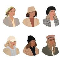 vector kleurrijke set met illustratie van verschillende meisjes dragen hoeden. mode meisje kapsel geïsoleerd op een witte achtergrond.