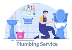 loodgietersdienst met loodgieter reparatie, onderhoud repareren thuis en schoonmaken van badkamerapparatuur in platte achtergrond afbeelding vector
