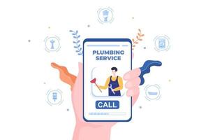online loodgietersdienst met loodgieter reparatie, onderhoud repareren thuis en schoonmaken van badkamerapparatuur in platte achtergrond afbeelding vector