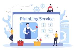 online loodgietersdienst met loodgieter reparatie, onderhoud repareren thuis en schoonmaken van badkamerapparatuur in platte achtergrond afbeelding vector
