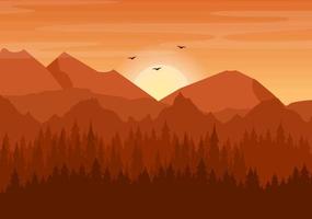 zonsonderganglandschap van bergen, heuvels, wildernis, zand, meer en vallei in vlakke wilde natuur voor poster, banner of achtergrondillustratie