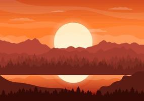 zonsonderganglandschap van bergen, wildernis, zand, meer en vallei in vlakke wilde natuur voor poster, banner of achtergrondillustratie vector