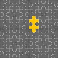 een reeks puzzels die allemaal met elkaar verbonden zijn. elk stuk is grijs, maar er is een gele.