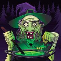 heks koken voor halloween. hekserij. groen gezicht vector