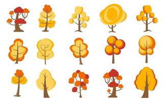 grote reeks cartoon bomen. gele, oranje planten met voor vegetatie lente en herfst achtertuin vector