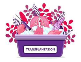 menselijke orgaandonor transplantatie concept vector voor banner, flyer, medische website. medische rode koffer met ijs. wereld orgaandonor dag of week. darm, hart, nieren, alvleesklier