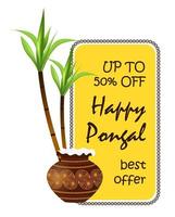 happy pongal festival is de hindoe-oogst die traditioneel is gewijd aan de zonnegod Surya en wordt gevierd in tamil nadu. pongal aanbieding en kortingsstickers met pot. set van verkoop tag vector