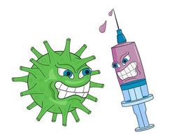 coronavirus vaccinatie vector. artoon spuit met een vaccin en het covid-virus. vector