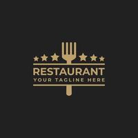 restaurantlogo-ontwerp met vorkpictogram en sterrendecoratie in luxe en elegante stijl vector